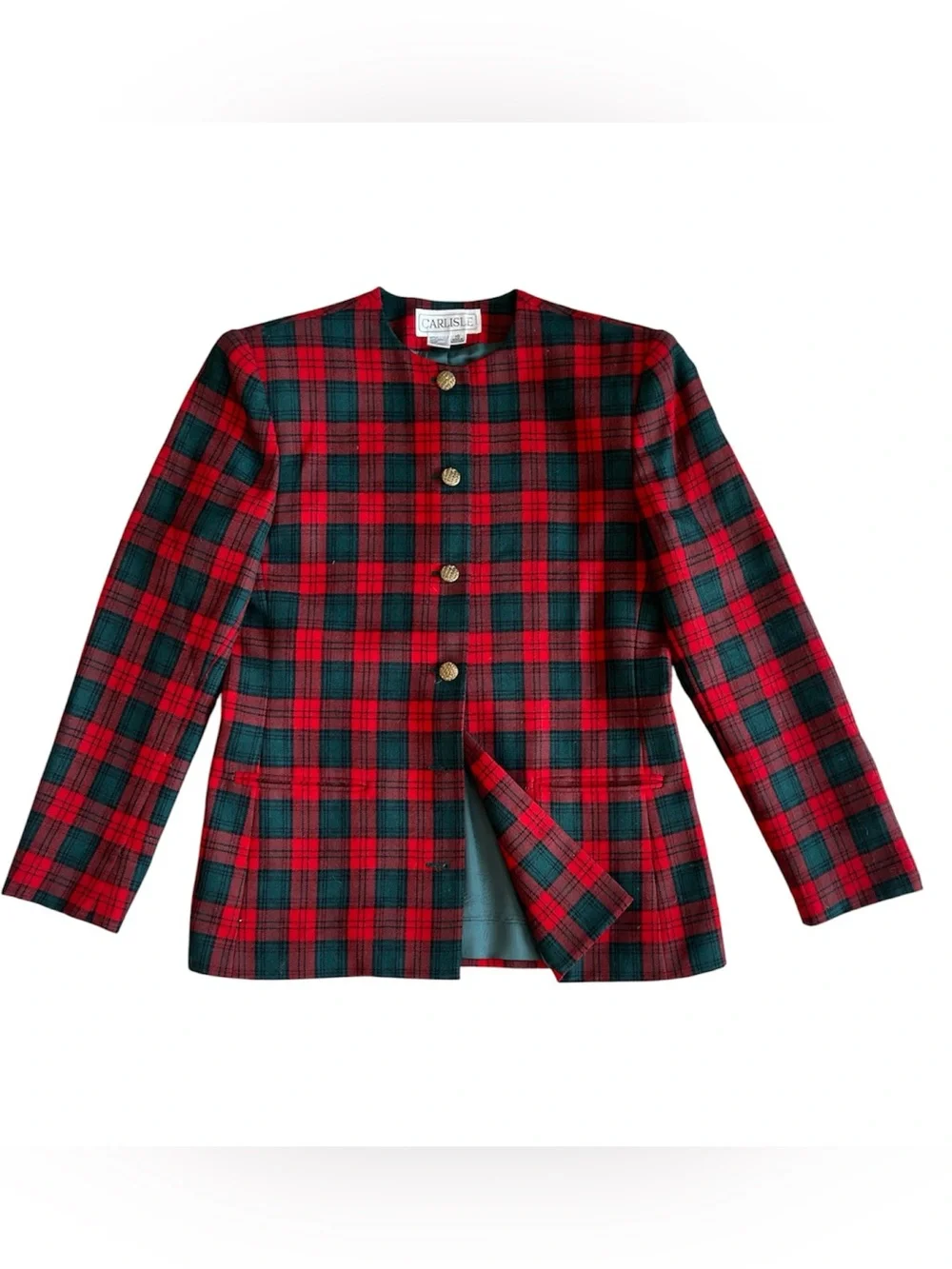 Carlisle Blazer Size 10 Red Green Black Tartan Wool Plaid Structured Jacket
